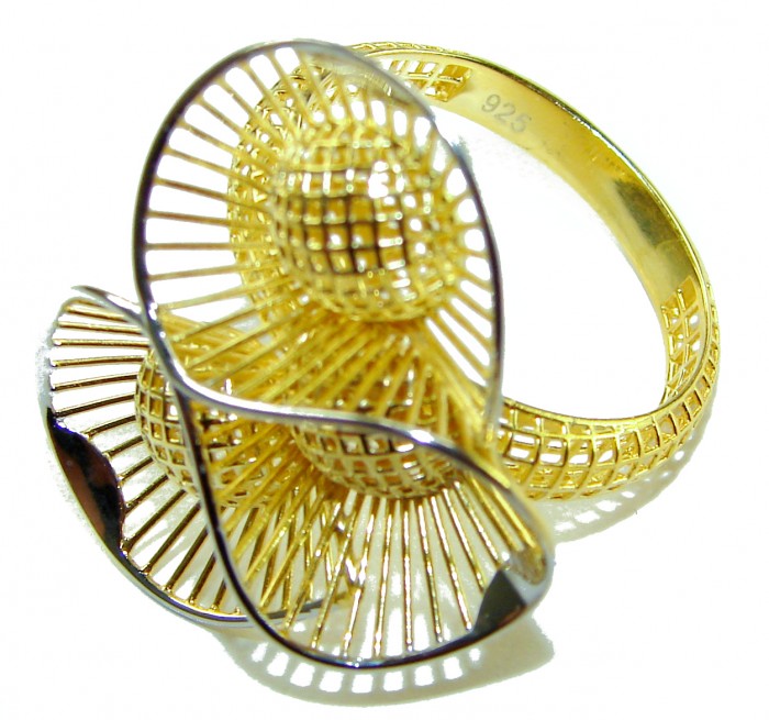 Dubai Style - .925 Sterling Silver dipped in 22K Gold handmade Large ring size 10 1/4 - Gold-plated sterling silver ring, side view, intricate wire design.