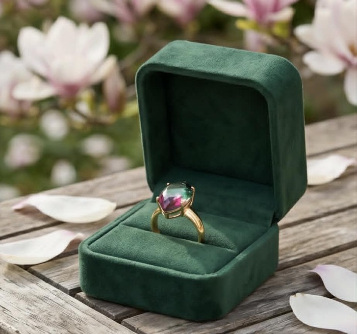 6.8 carat Brazilian Tourmaline .925 Sterling Silver dipped in 18K Gold Perfectly handcrafted Ring s. 8 adjustable - Tourmaline ring in green velvet box with petals nearby