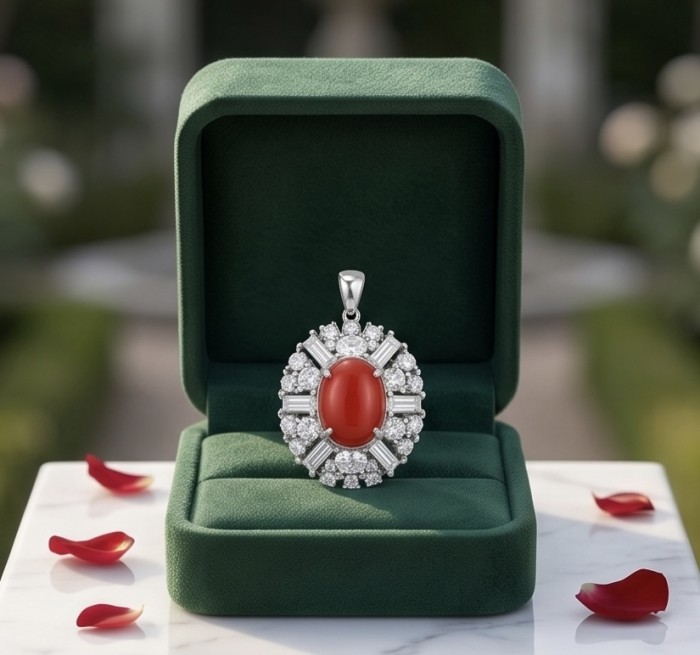Elizabeth Natural Fossilized Coral 9.8 carat Moissanite .925 Sterling Silver handcrafted pendant - Fossilized coral pendant front view in green box with petals.