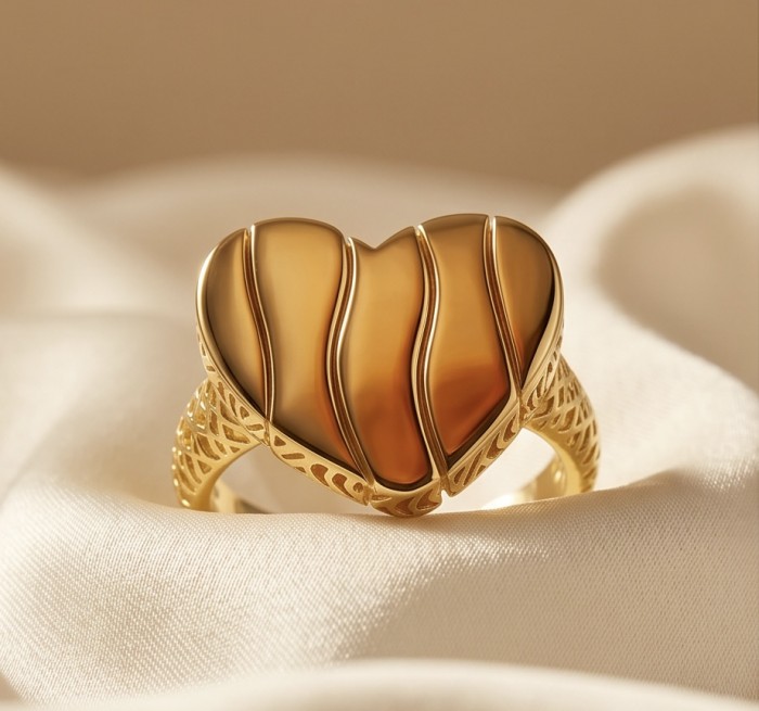 Dubai Style - Golden Heart .925 Sterling Silver dipped in 22K Gold handmade ring size 7 1/4 - Golden heart ring in close-up, intricate 2-tone design on silky fabric.