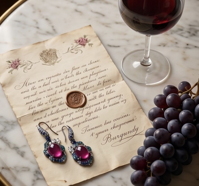 Exquisite 10.4 ctw Ruby 1.2 carat pave Emerald .925 Sterling Silver dipped in black rhodium handcrafted Statement earrings - Ruby and emerald earrings with grapes, letter, and wine glass on marble table