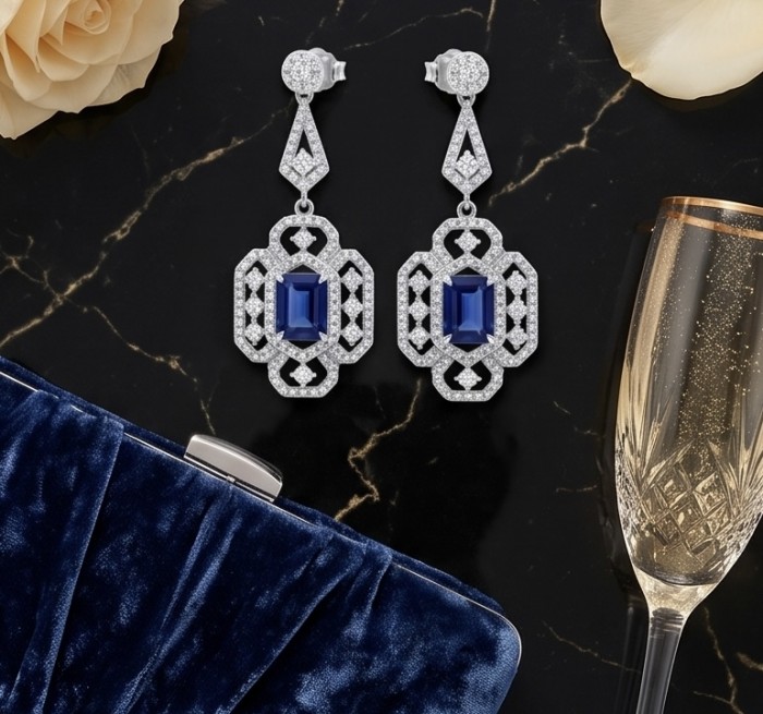 Oceania - 9.5 carat Sapphire .925 Sterling Silver dipped in Rhodium handmade Statement earrings - Earrings front view with sapphires and crystals on black marble backdrop