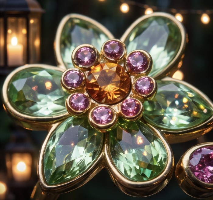 Summer flower 6.5 carat genuine Green Topaz 14K Gold over .925 Sterling Silver handmade Statement Ring size 8 - Close-up of Summer Flower green topaz in 14K gold setting.