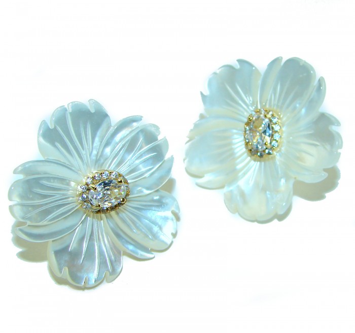 Genuine Blister Pearl 0.2 carat lab grown Diamond 18K Gold over .925 Sterling Silver handcrafted Statement Earrings - photo 3
