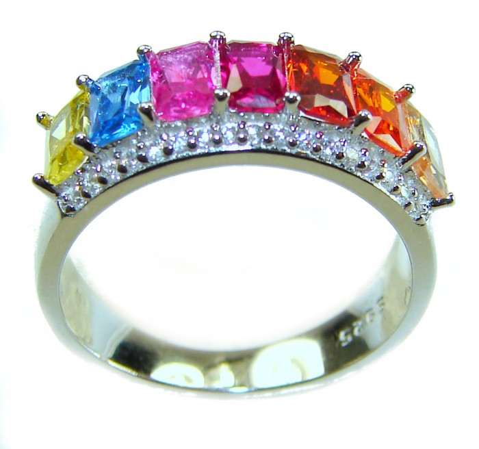 Precious Rainbow- authentic 8.2 carat multigem .925 Sterling Silver Eternity Ring size 6 - Side view of multicolored stone ring on sterling silver band