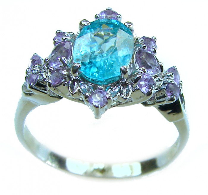 Pure Perfection 3.1 carat GENUINE Apatite .925 Silver handcrafted Ring s. 9 - Elegant ring with blue Apatite, purple gems, on silver band, front view.