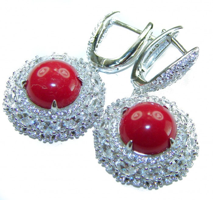Elizabeth Natural Fossilized Coral .925 Sterling Silver handcrafted earrings - Sterling silver earrings with red coral, front and clasp detail.
