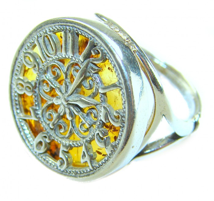 The Light Watchmaker Authentic Baltic Amber .925 Sterling Silver handcrafted ring; s. 6 adjustable - Amber watch ring with detailed face, side view