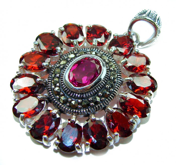 Circle of Life 15.2 carat authentic Ruby Marcasite .925 Sterling Silver handmade Pendant - Close-up of Circle of Life ruby and marcasite pendant, top view.
