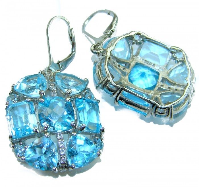 Atlantica 33.7 carat Swiss Blue Topaz .925 Sterling Silver Handcrafted Statement earrings - Swiss Blue Topaz earrings, front and side angle, sterling silver setting