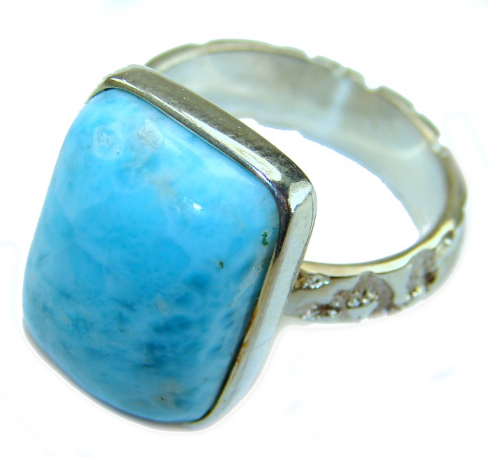 16.9 carat Blue Perfection natural Larimar .925 Sterling Silver handmade Large ring size 8 1/2 - Close-up of a blue Larimar stone ring in sterling silver.
