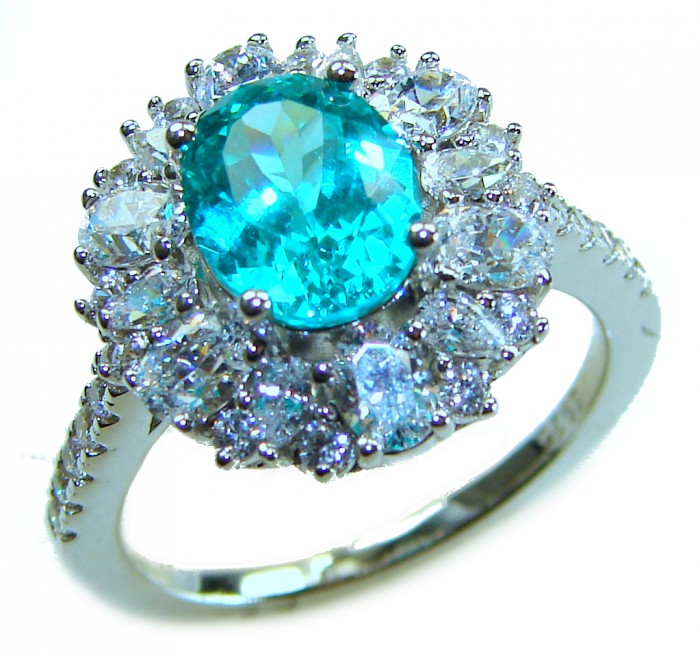 Eau Pure 3.5 carat Paraiba Tourmaline .925 Sterling Silver Handcrafted Ring size 8 1/4 - Close-up of Eau Pure 3.5 carat Paraiba Tourmaline ring in silver setting.