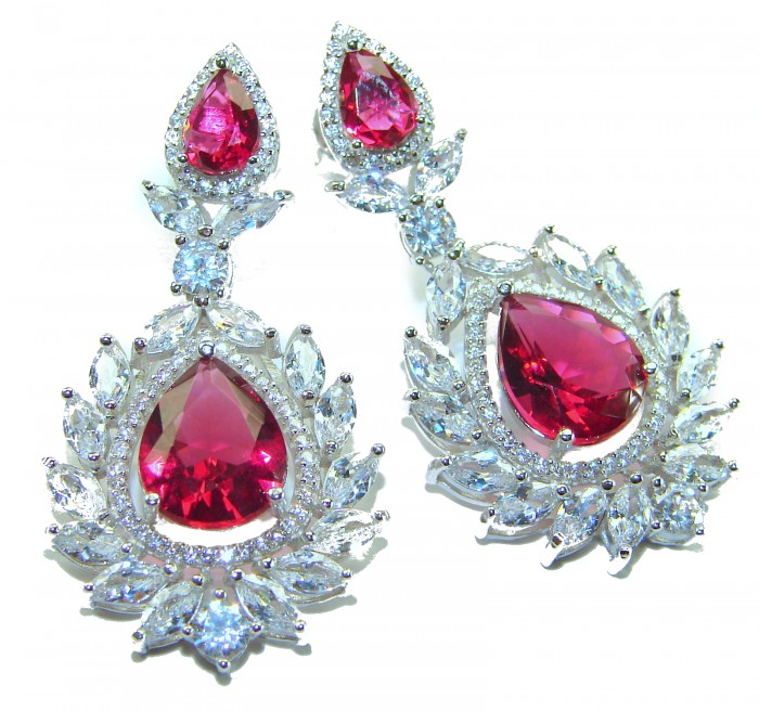 Tiffany - authentic 7.5 carat Ruby .925 Sterling Silver dipped in rhodium handcrafted Statement Earrings - Elegant earrings with ruby and diamond stones, front view.
