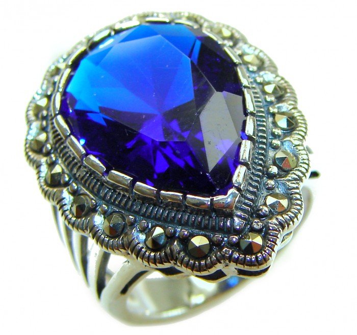 Julietta 12.8 carat London Blue Topaz Marcasite .925 Sterling Silver handmade Statement Ring size 6 - Close-up of Julietta London Blue Topaz Marcasite sterling silver ring.