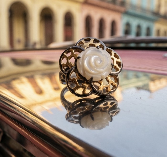 Luxurious Flower Blister Pearl 18K Gold Rhodium over .925 Sterling Silver brilliantly handcrafted ring s. 7 3/4 - Close-up of flower ring with pearl detail on reflective surface.