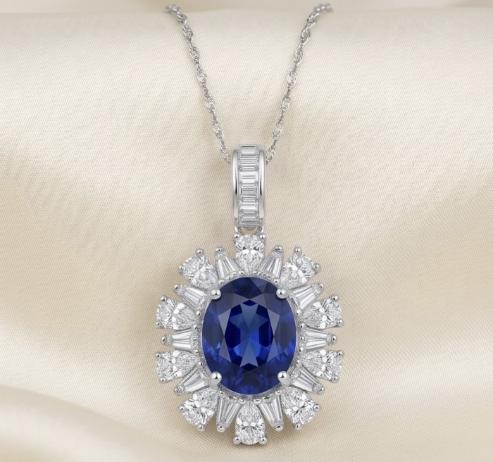 Authentic 8.5 carat Tanzanite .925 Sterling Silver handmade necklace - Tanzanite pendant close-up on Sterling Silver chain.