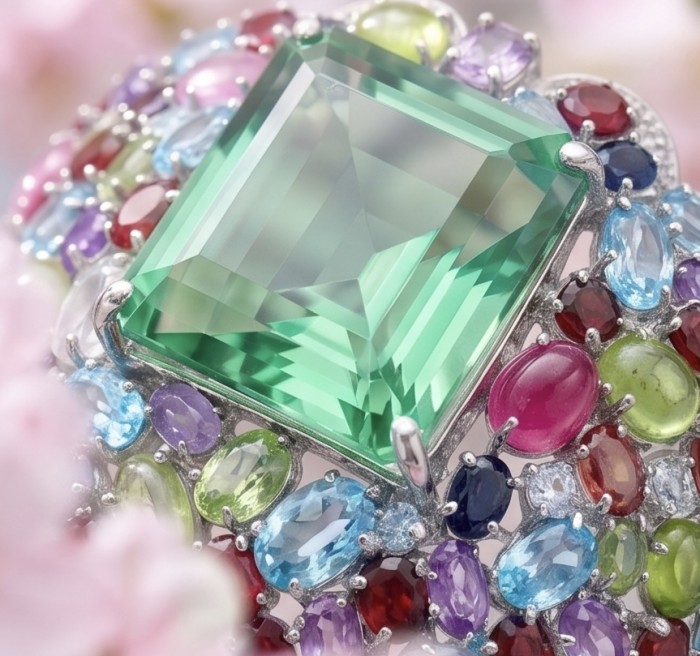 Abundance of Blessing Authentic 42.9 Apatite multigems .925 Sterling Silver handmade bangle Bracelet - Close-up of multicolored gemstone ring with large green apatite centerpiece.