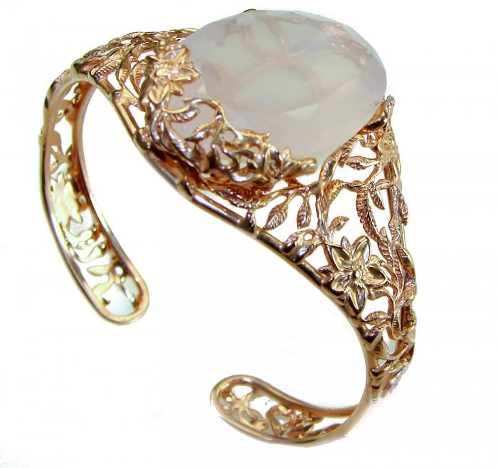 Incredible Genuine 52.2 carat Brazilian Rose Quartz Rose Quartz .925 Sterling Silver handcrafted Bracelet / Cuff - Side view of filigree bracelet with 52.2 carat rose quartz stone.