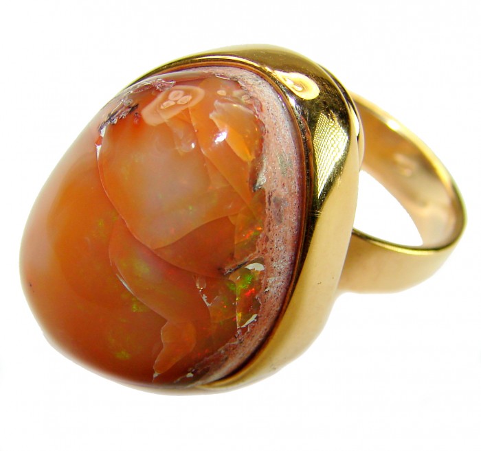 Inner Fire best quality 21.4 carat Mexican Opal 18K Gold over .925 Sterling Silver handmade ring 7 adjustable - Close-up of Mexican Opal ring in 18K gold setting