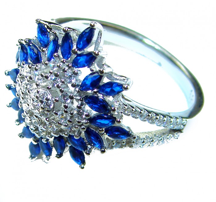 Wild Oceanv 4.8 carat Authentic Sapphire .925 Sterling Silver Handcrafted Ring size 8 - Side view of Wild Ocean 4.8 carat sapphire ring in sterling silver