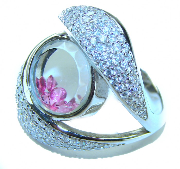 Floating Memories 12.5 carat Pink Sapphire .925 Sterling Silver Handcrafted Ring size 8 - Close-up of Floating Memories ring with pink sapphires and pavé detail.