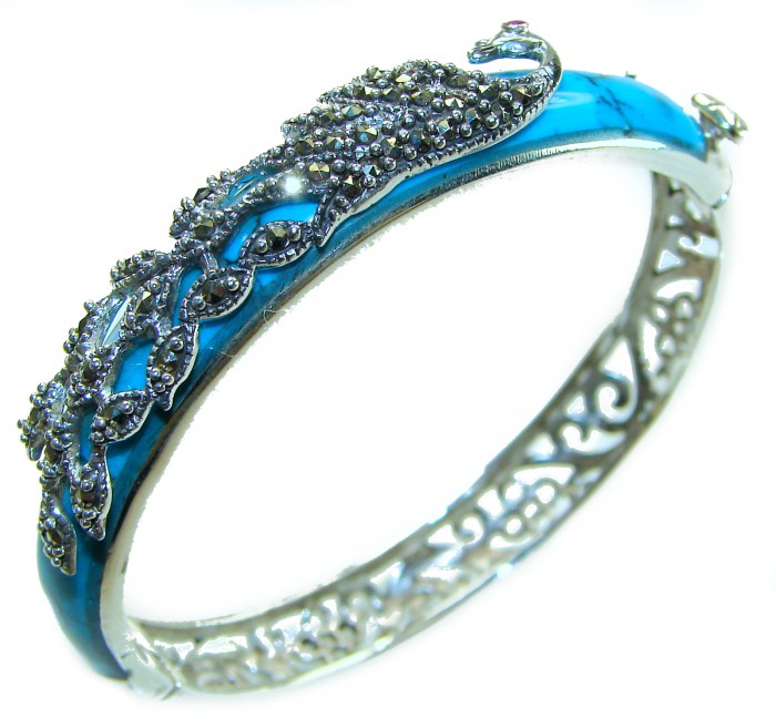 Precious Peacock natural inlay Turquoise Marcasite .925 Sterling Silver Luxury Bracelet - Side view of Precious Peacock bracelet with turquoise and marcasite.