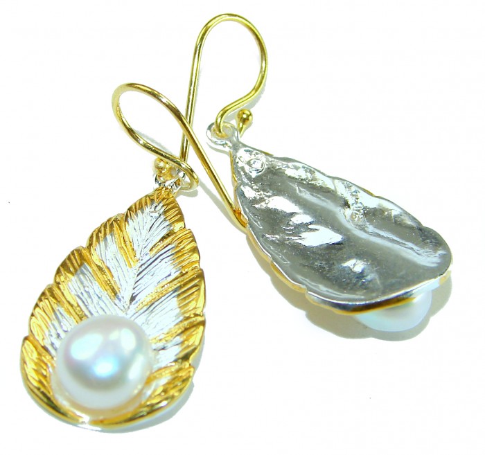Classy Design - Genuine Pearl 14K Gold over .925 Sterling Silver handcrafted Statement Earrings - Elegant earrings with pearls, gold and silver leaf design, front view.