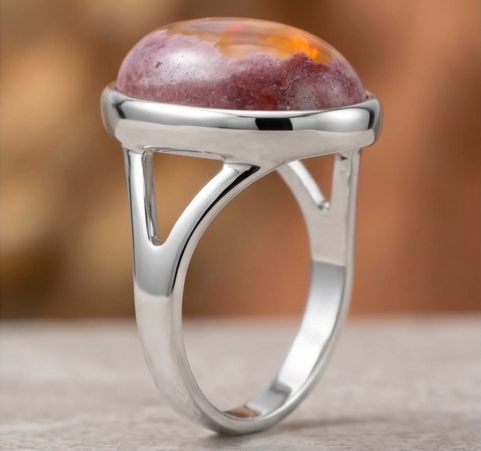 Queen of Fire best quality 18.4 carat Mexican Opal .925 Sterling Silver handmade ring 8 1/4 - Side view of Mexican Opal ring set in .925 sterling silver.