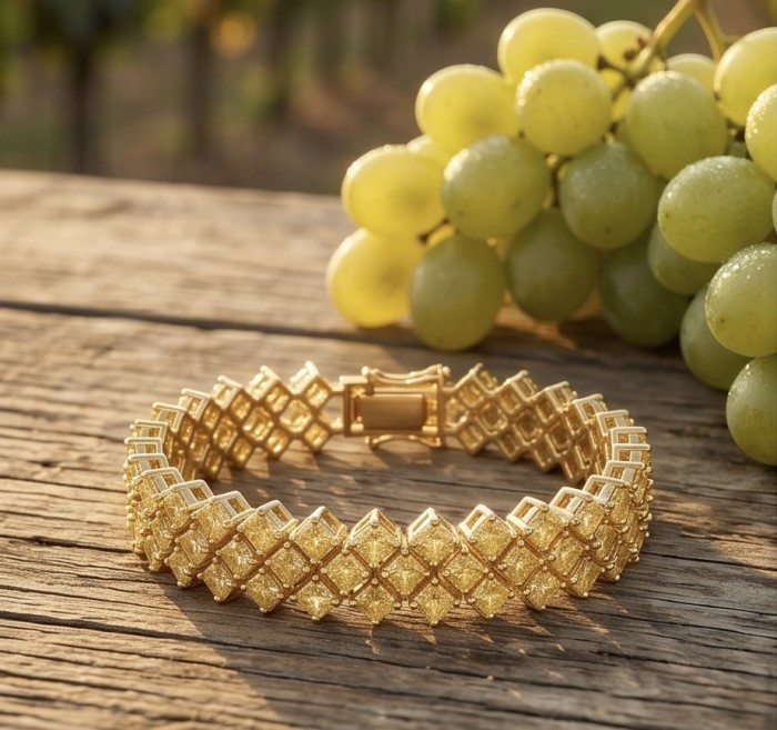 Melissa - Great Masterpiece 32.2 carat genuine Peridot 18K Gold over .925 Sterling Silver handmade Statement bracelet - Gold bracelet with clasp and green grapes on wood background.