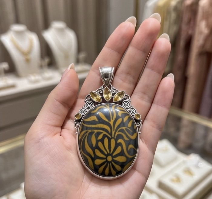 Exotic Beauty Silver Hematite Citrine .925 Sterling Silver handmade Pendant - Pendant close-up held in hand, featuring yellow floral design and citrine stones.