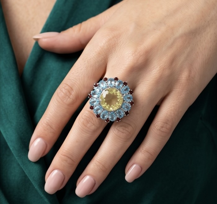 Vivien - Natural 25.8 carat pear cut BRAZILIAN Citrine Aquamarine .925 Sterling Silver dipped in 22K Gold handmade Statement Ring size 7 1/2 - Worn on hand: 25.8 carat Brazilian Citrine Aqua ring with blue accents.
