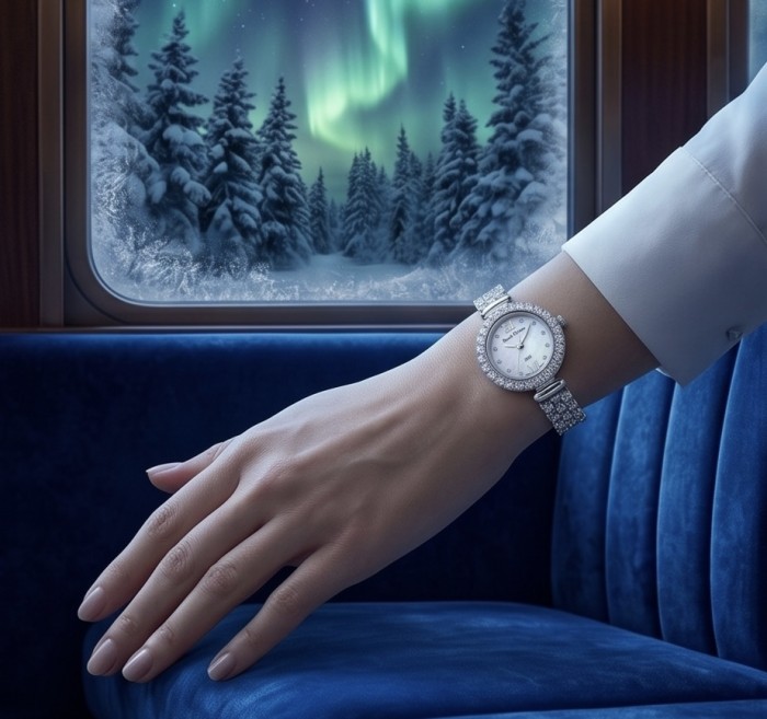 Precious 118.8 carat White Topaz .925 Sterling Silver handmade Bracelet - Watch - Worn on hand, white topaz watch with snowy landscape and aurora backdrop.