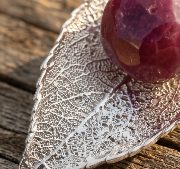 Stylish REAL Leaf dipped in gold Ruby .925 Sterling Silver and Copper Pendant - Close-up of ruby on a gold-dipped leaf sterling silver jewelry piece.