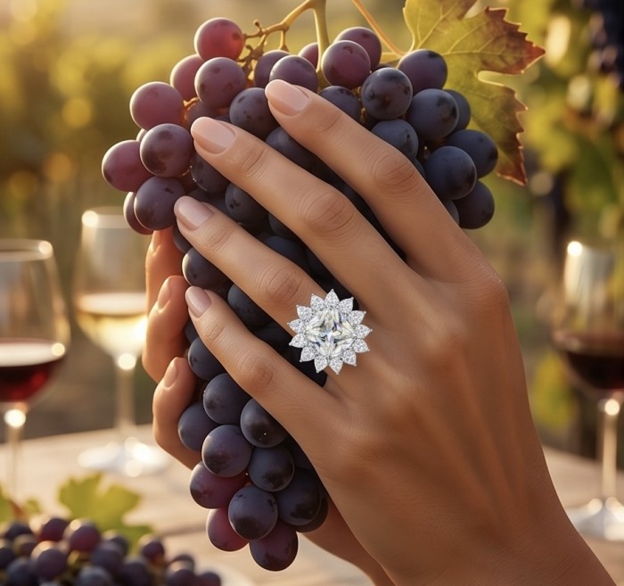 Fiorella Precious 25.5 carat assher cut Natural yellow Sapphire .925 Sterling Silver Statement Large ring size 8 - Fiorella Natural yellow diamond ring worn on hand with grapes.