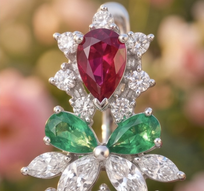 RARE BEAUTY! Valentina 18.2 carat Ruby Emerald Sapphire .925 Sterling Silver dipped in rhodium Statement handcrafted earrings - Stone close-up of Valentina 18.2 ct Ruby Emerald Sapphire jewelry