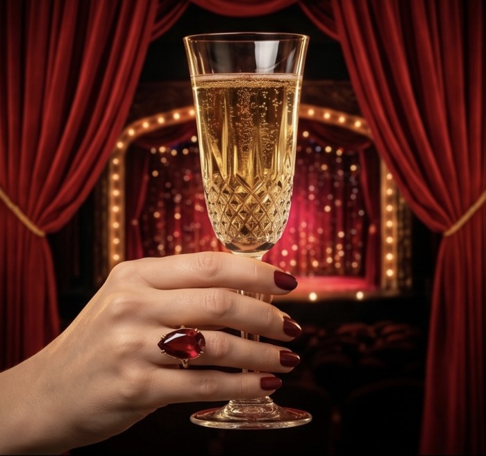 Carmen Natural 25.4 carat Ruby .925 Sterling Silver dipped in 22K Gold handmade Large Statement Ring size 8 1/4 - Ruby ring on hand holding a champagne flute in a theater setting.