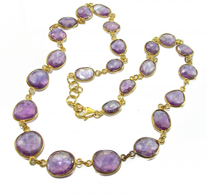 Purple Rose authentic 59.8 carat authentic Amethyst 14K Gold over .925 Sterling Silver handcrafted Station necklace - Amethyst necklace with gold setting, clasp detail, top-down view.