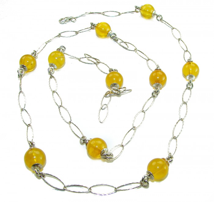 Dazzling vintage natural Baltic Amber .925 Sterling Silver handcrafted station necklace - Necklace close-up with yellow amber beads and sterling silver chain