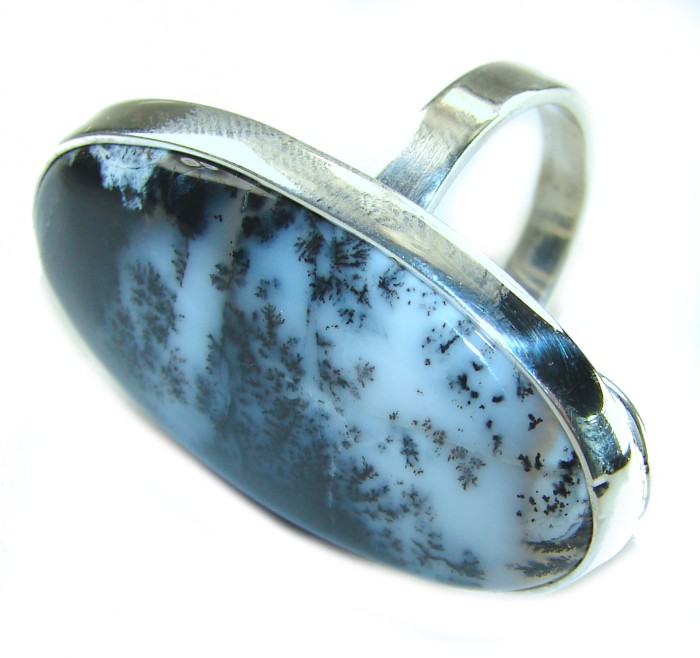 Top Quality Moss Dendritic Agate .925 Sterling Silver handcrafted Ring s. 7 adjustable - Close-up of moss dendritic agate ring in .925 sterling silver setting.