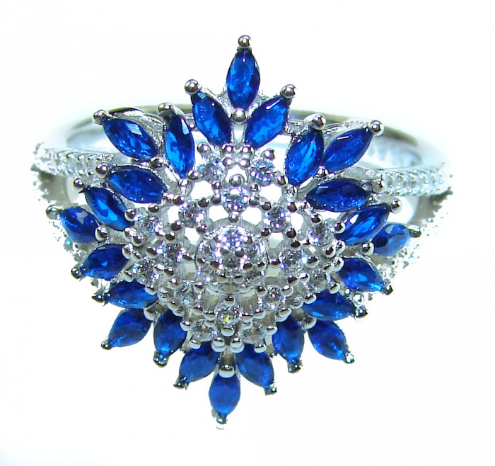 Wild Oceanv 4.8 carat Authentic Sapphire .925 Sterling Silver Handcrafted Ring size 8 - Front view of Wild Oceanv ring with sapphires and sterling silver.