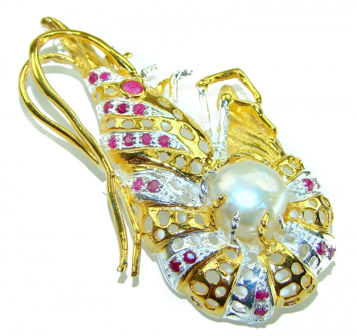 Precious Shrimp genuine Ruby 14k Gold over .925 Sterling Silver handmade Pendant - Brooch - Close-up of Precious Shrimp brooch with ruby and pearl in gold and silver.