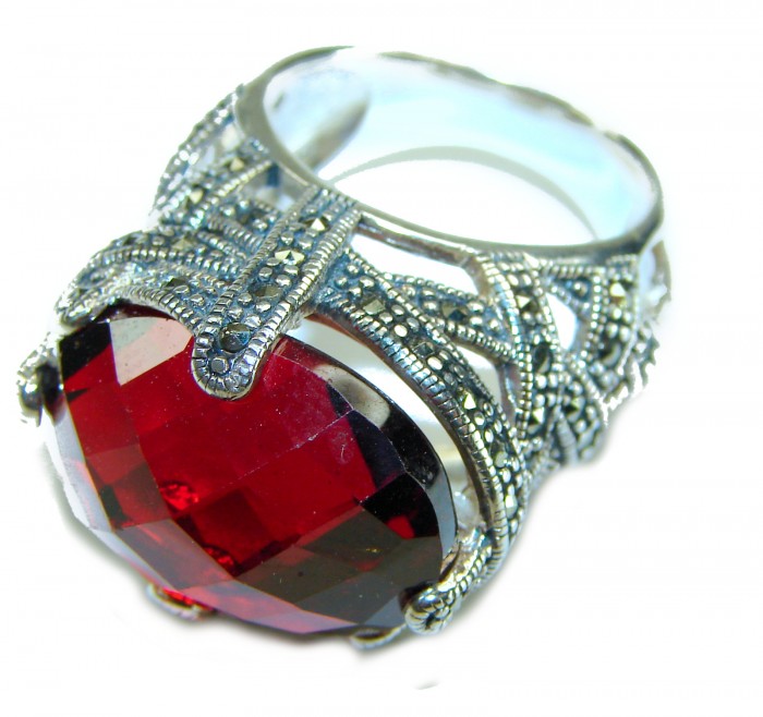 Bella Rosa Natural 28.4 carat Ruby Marcasite .925 Sterling Silver handmade Large Statement Ring size 7 3/4 - Close-up of Bella Rosa natural ruby ring with marcasite in sterling silver