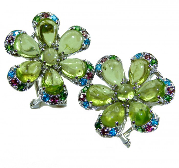 Evergreen authentic 25.5 carat Peridot .925 Sterling Silver handcrafted Large Statement earrings - Front view of floral Peridot earrings in .925 Sterling Silver.