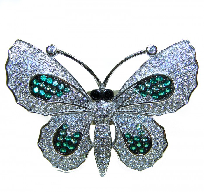 Precious Butterfly Genuine 10.5 carat Emerald .925 Sterling Silver handmade LARGE Statement Ring size 8 - Front view of butterfly brooch with emeralds and sterling silver details.