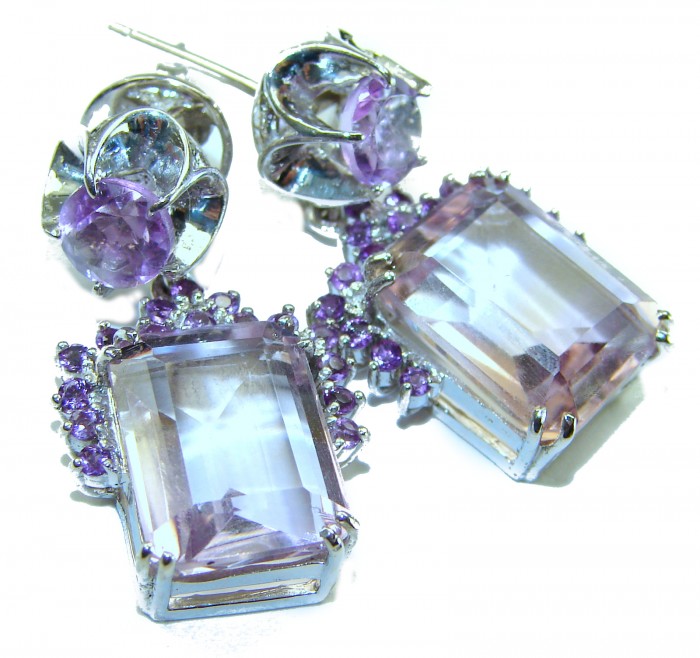 Purple Beauty 15.5 carat Ametrine .925 Sterling Silver HANDCRAFTED Earrings - Close-up of sterling silver earrings with purple ametrine stones.