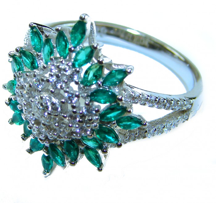 Authentic 5.2 carat Colombian Emerald .925 Sterling Silver handcrafted Ring size 7 1/2 - Side view of Colombian emerald ring in .925 sterling silver.
