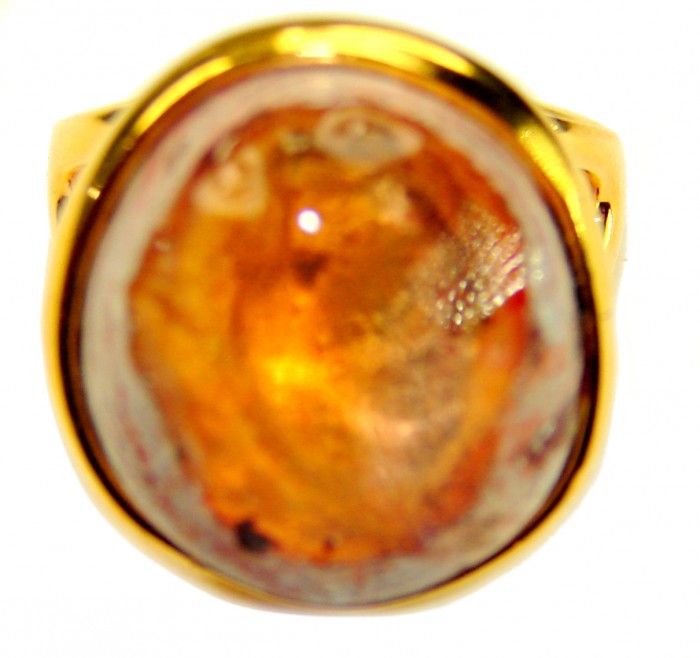 Queen of Fire best quality 18.4 carat Mexican Opal 18K Gold over .925 Sterling Silver handmade ring 6 1/4 - Mexican Opal 18K Gold Ring, stone close-up, 18.4 carats