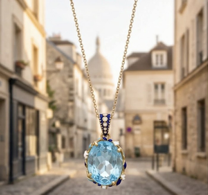 Atlantica 34.4 carat fancy oval cut Swiss Blue Topaz 18K Gold over Enamel .925 Sterling Silver handcrafted Handcrafted Pendant - Close-up of Atlantica 34.4 carat Swiss Blue Topaz necklace on street backdrop