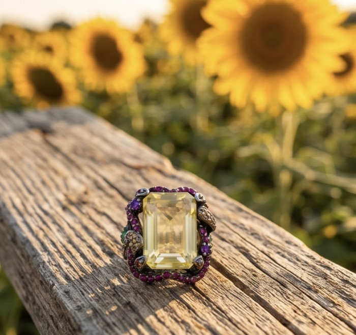 Costa del Sol 29.4 carat Lemon Quartz black rhodium over .925 Sterling Silver handcrafted ring size 8 - Lemon quartz ring on wood with sunflowers in background, close-up view