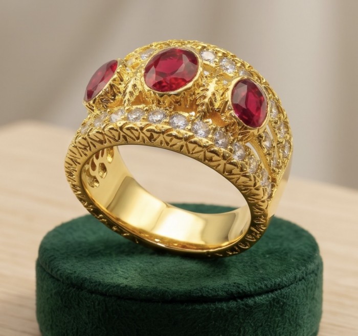 Born to Glam authentic 10.2 carat Ruby 14K Gold over .925 Silver handcrafted Ring s. 7 - Gold ring with rubies and diamonds, side view display